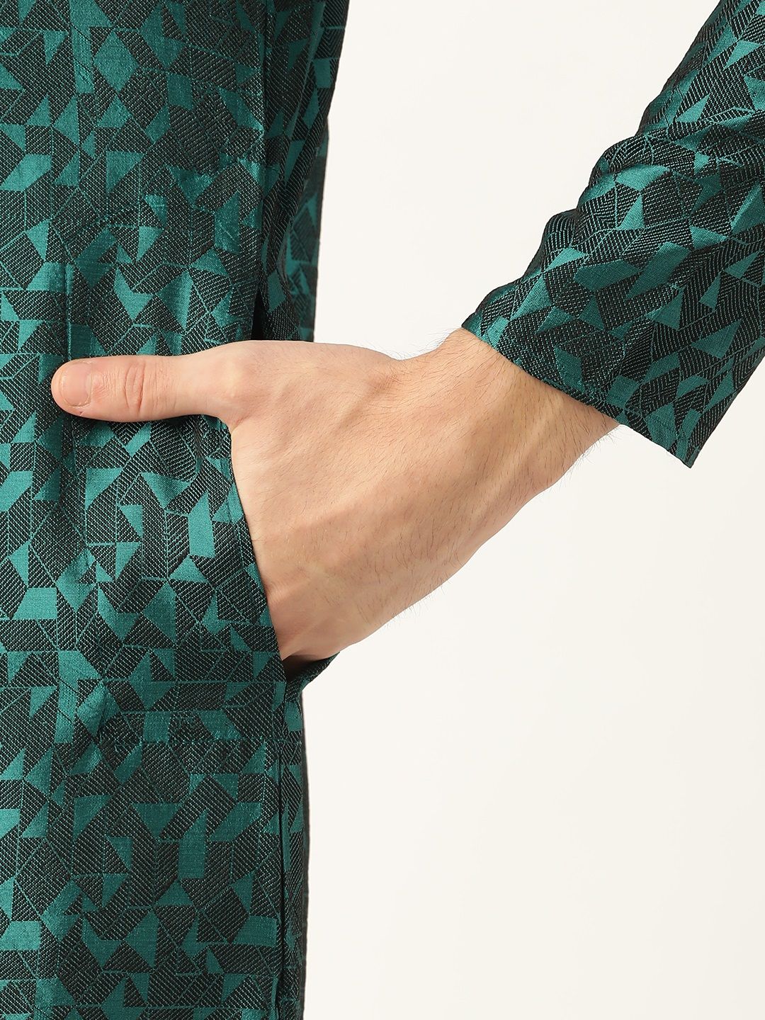 SOJANYA Men Teal Green & Black Woven Design Kurta Lurus
