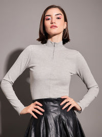 SASSAFRAS Ribbed High Neck Front Zipper Fitted Top
