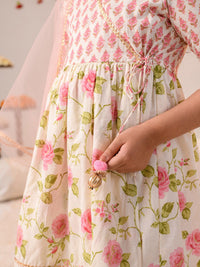 pspeaches Girls Floral Printed Angrakha Gotta Patti Cotton Kurti With Sharara & Dupatta