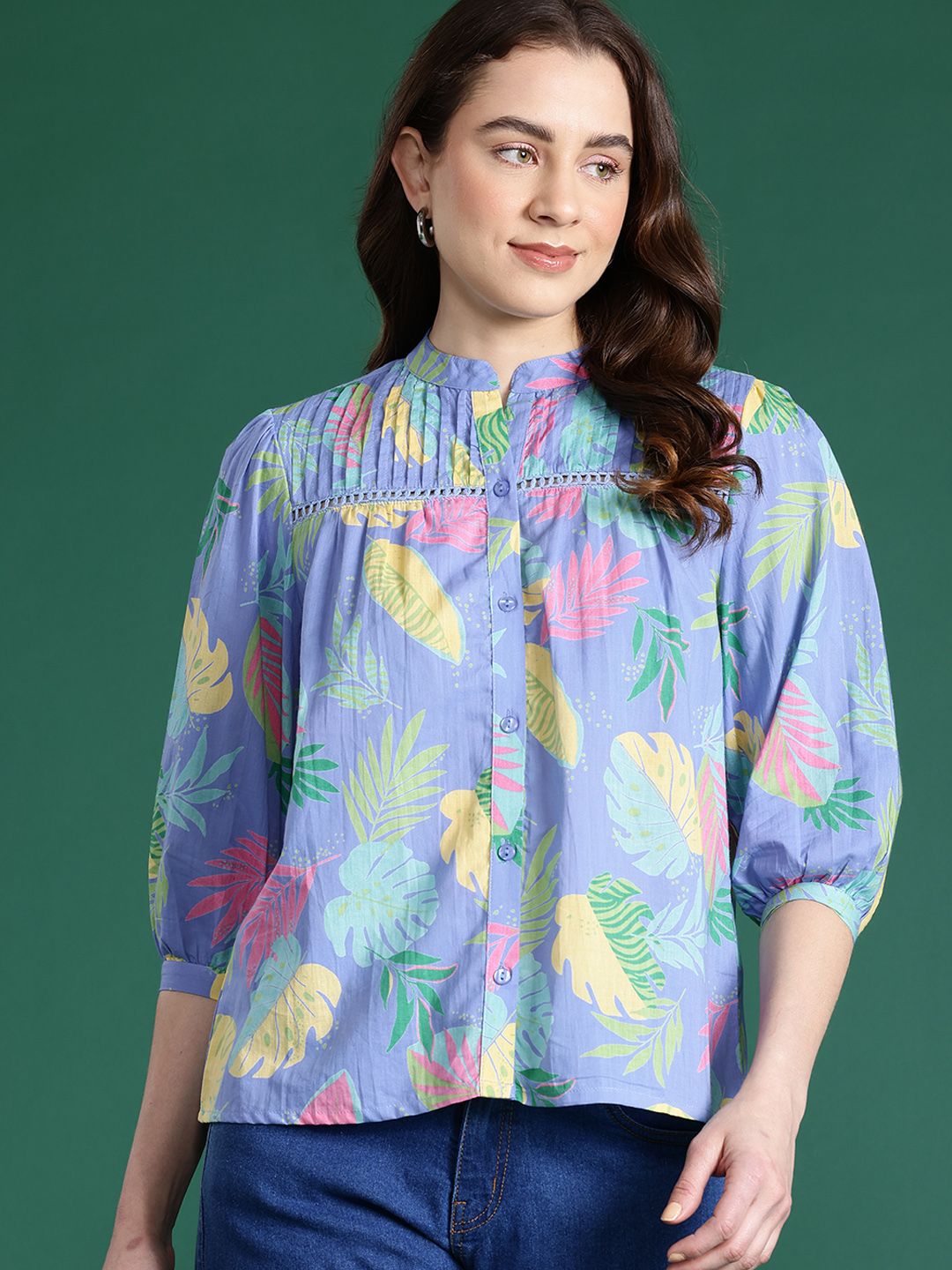 Dressberry dicetak Mandarin Colar Cotton Shirt Style Top