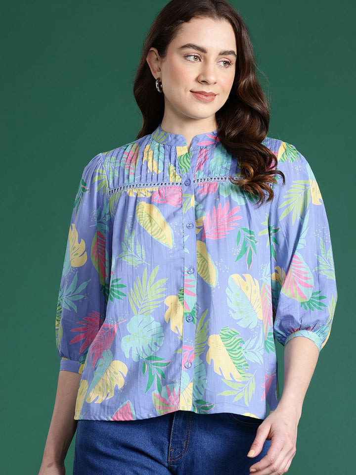 Dressberry dicetak Mandarin Colar Cotton Shirt Style Top