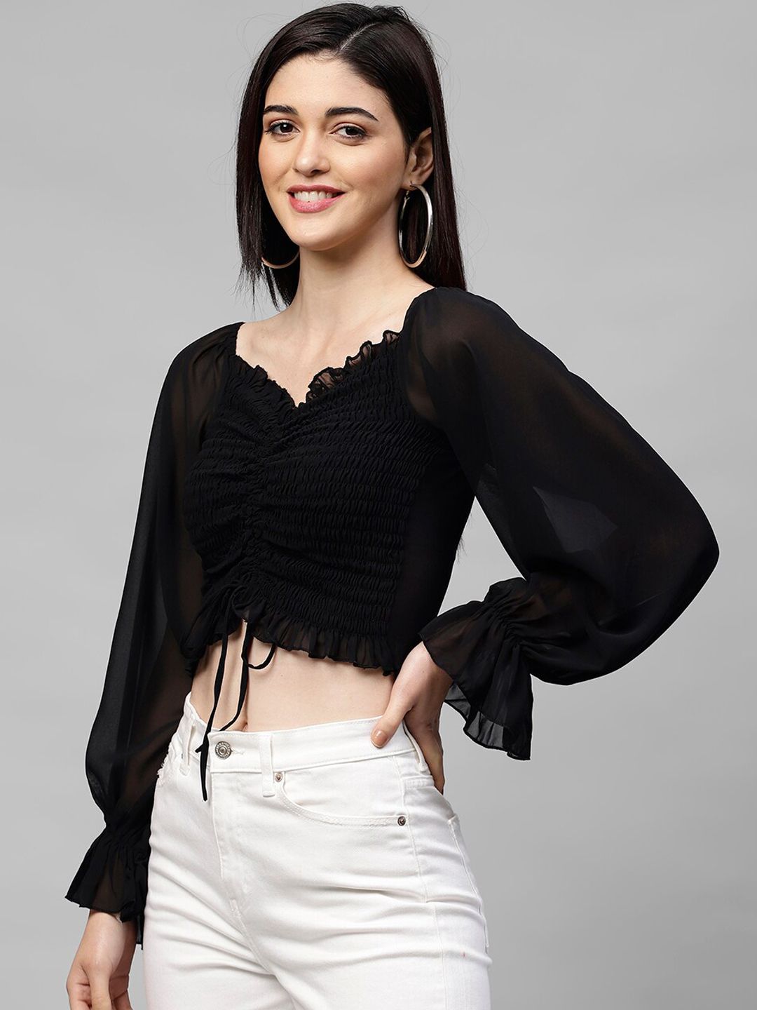 Athena Black Bell Sleeves Georgette Crop Top