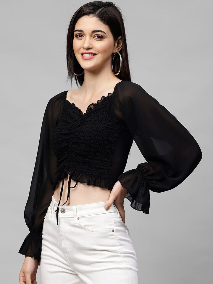 Athena Black Bell Sleeves Georgette Crop Top