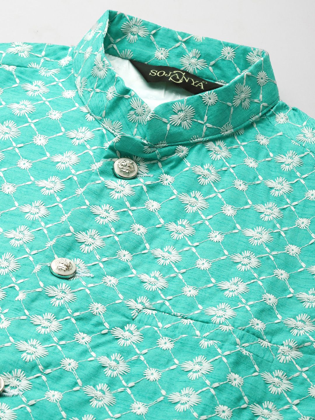 SOJANYA Lelaki Motif Etnik Zaitun Sulam Benang Kerja Kurta dengan Churidar