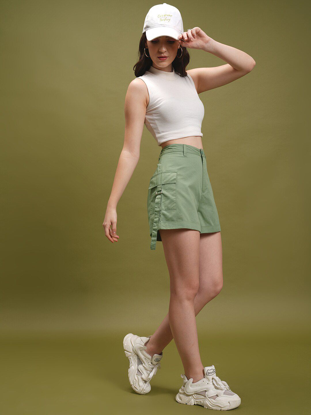 Tokyo Talkies Women Green Mid Rise Cotton Shorts