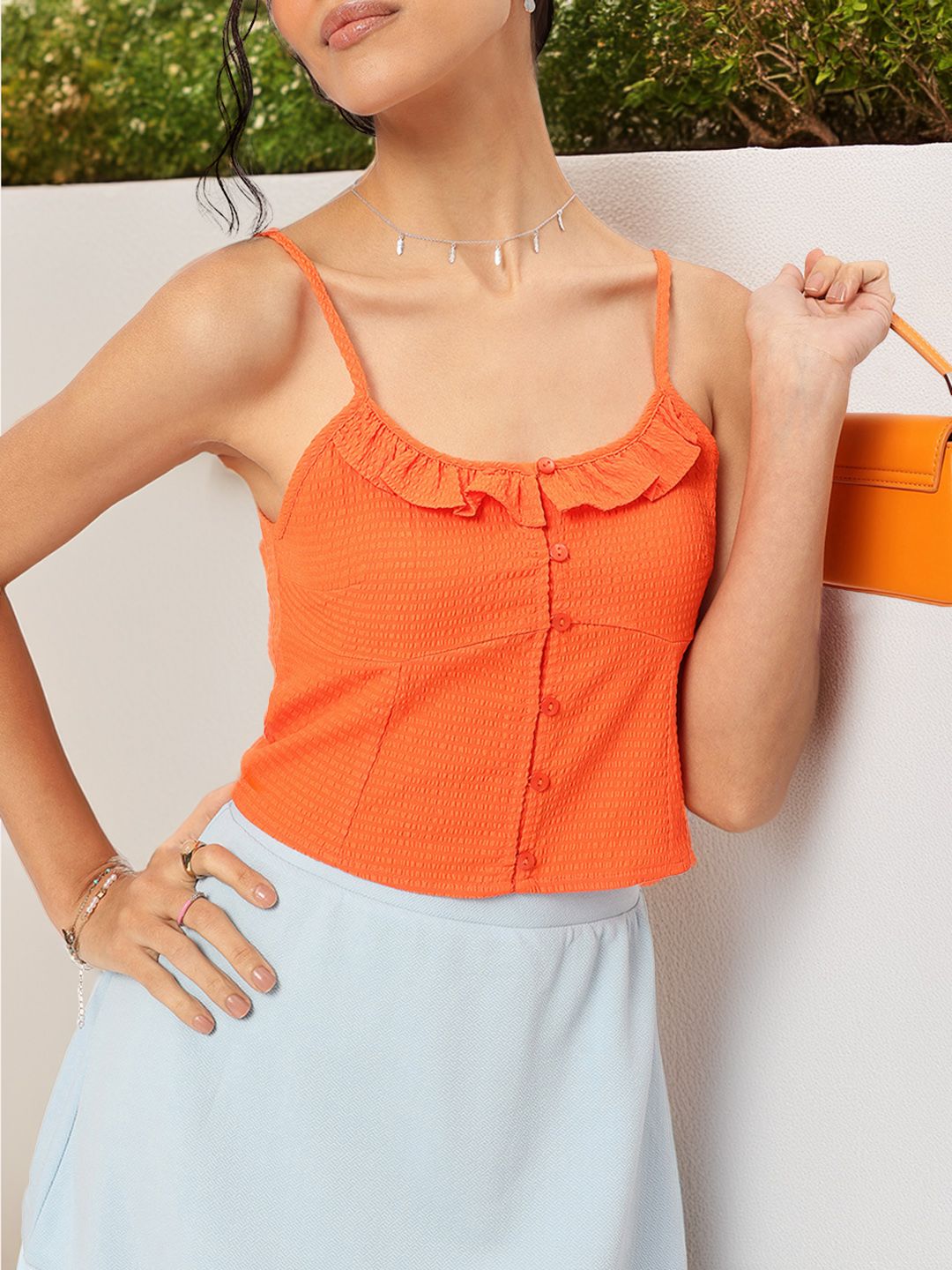 DressBerry Seersucker Sweetheart Ruffled Crop Top