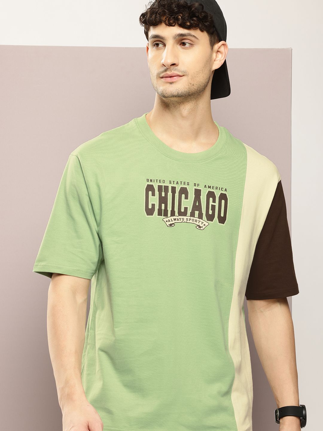 DILLINGER Men Typography Colourblocked Drop-Shoulder Sleeves Oversized Pure Cotton T-shirt