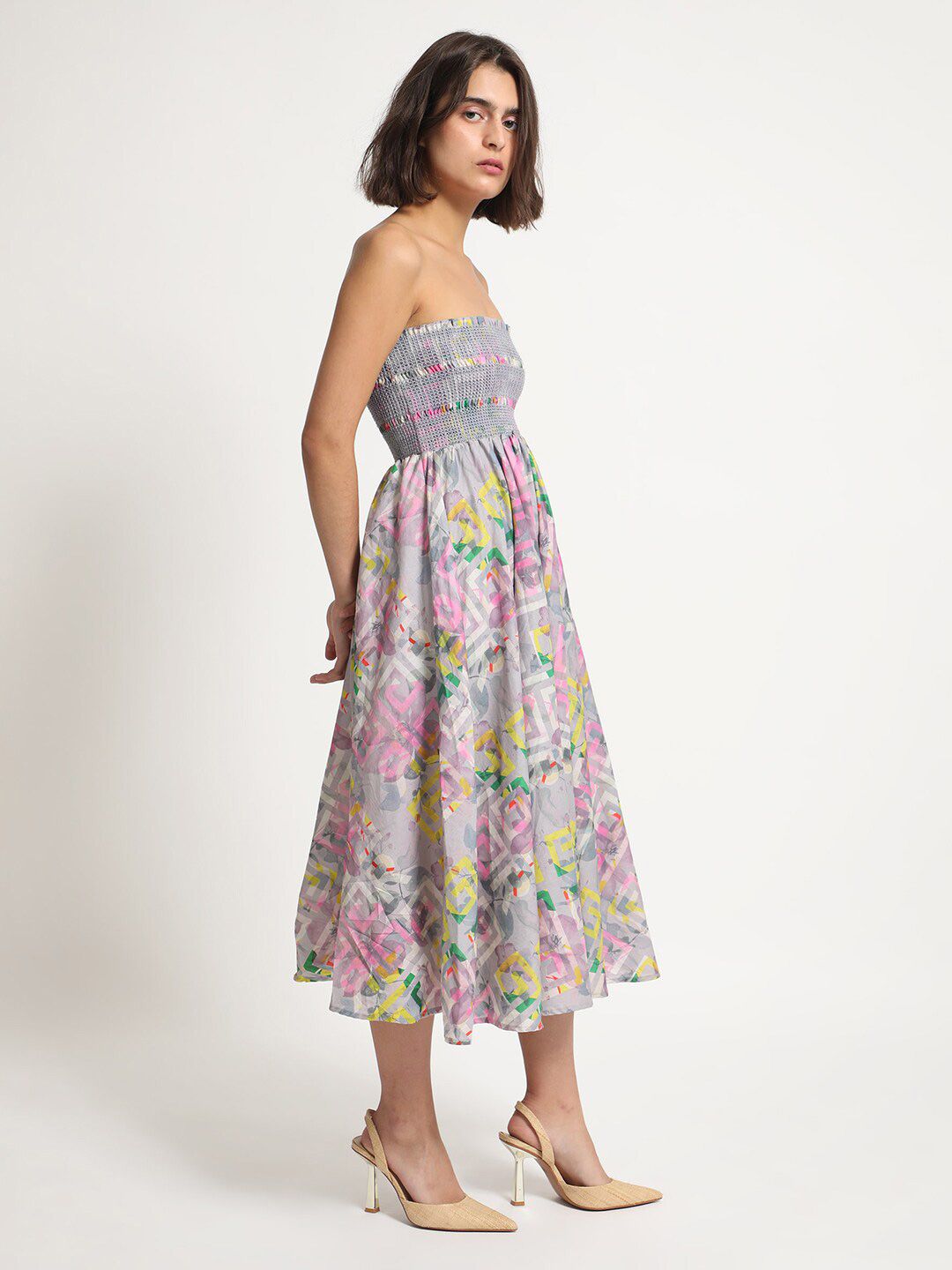 RAREISM Geo Floral Printed Off-Shoulder Fit & Flare Tube Midi Dress