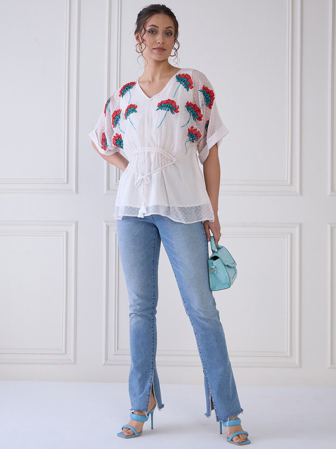 Antheaa Floral Embroidered Extended Sleeves Chiffon Kaftan Top