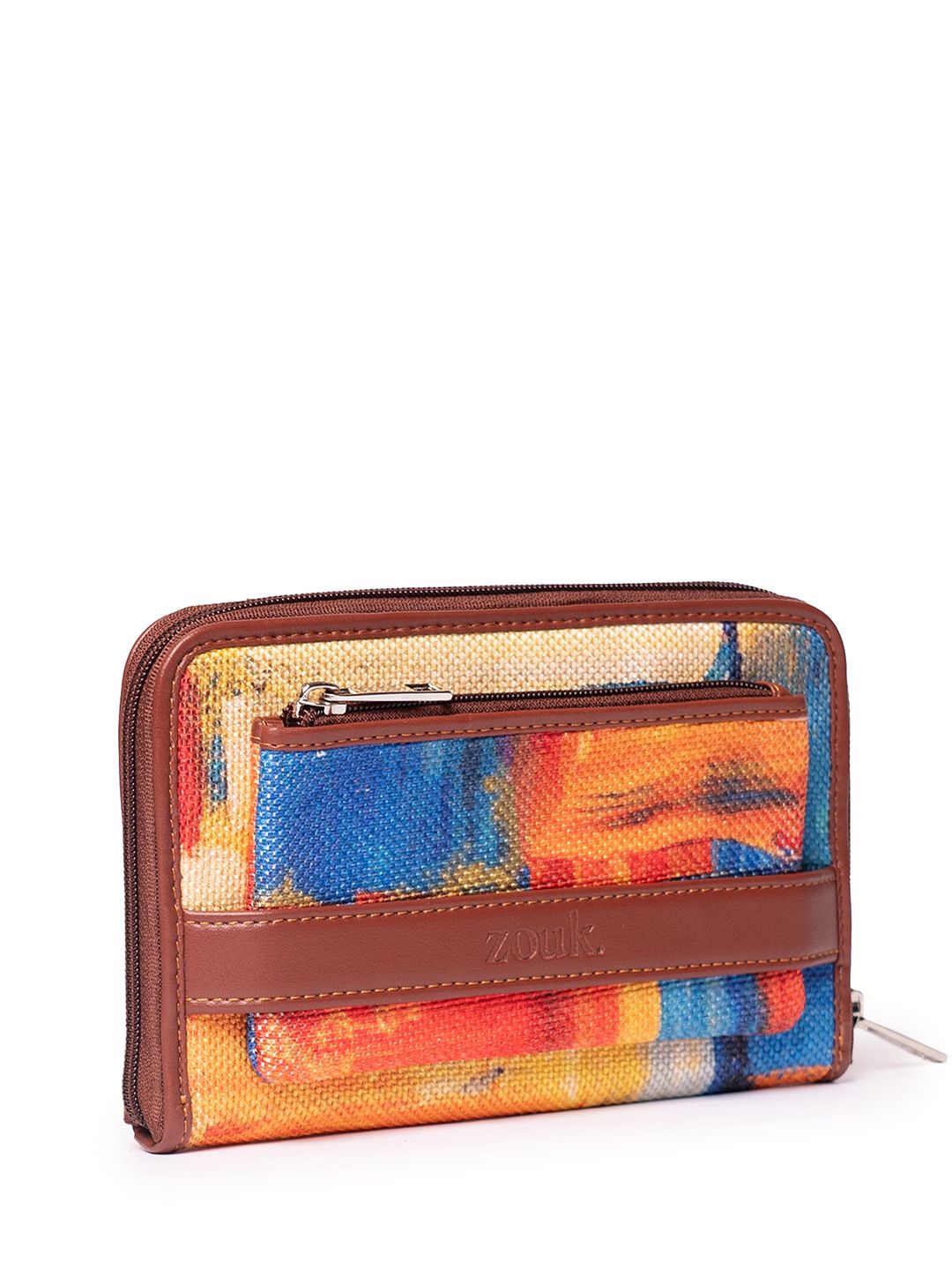 ZOUK Women Brown & Yellow Printed Zip Around Vegan Leather Wallet