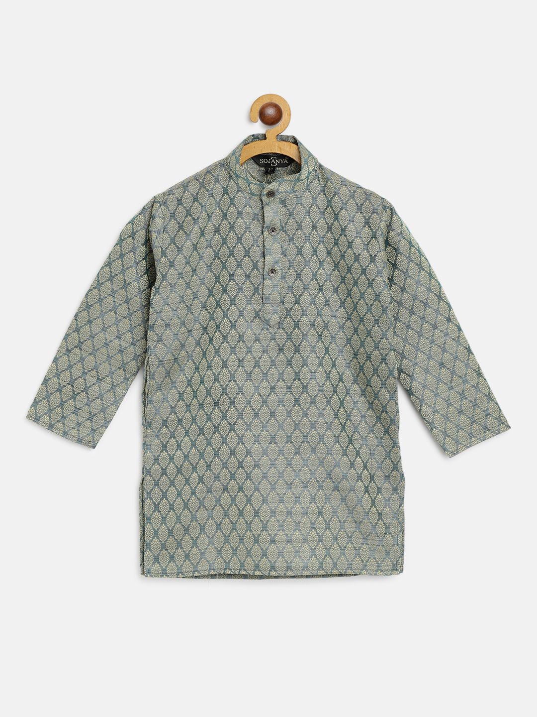 SOJANYA Boys Sea Green & Golden Woven Design Jacquard Weave Band Collar Kurta