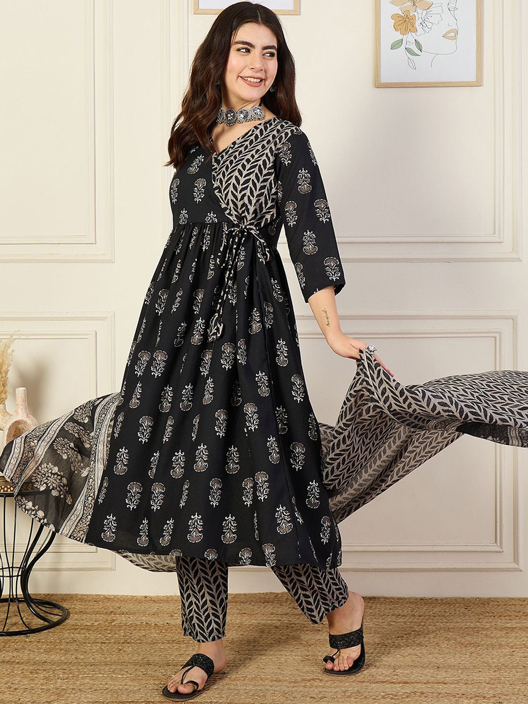 KALINI V-Neck Floral Printed Angrakha Anarkali Kurta with Trouser & Dupatta