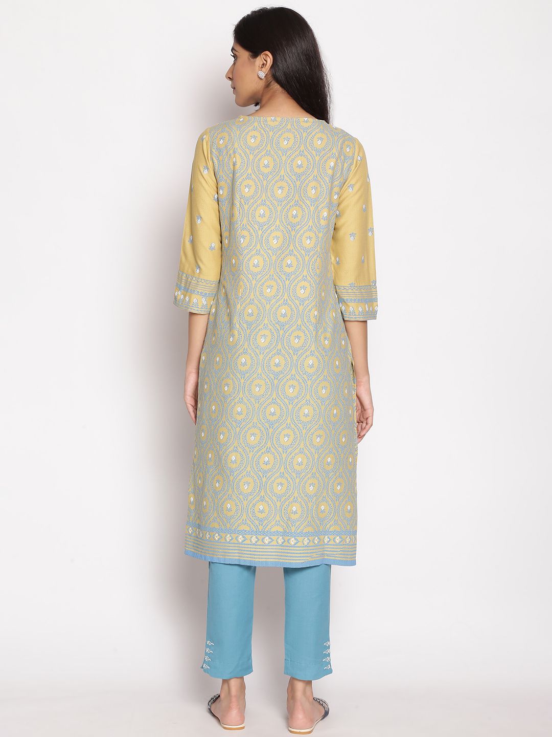 W Women Yellow & Blue Ethnic Motifs Printed Flared Sleeves Kurta