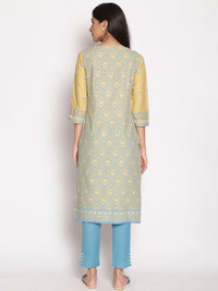 W Women Yellow & Blue Ethnic Motifs Printed Flared Sleeves Kurta