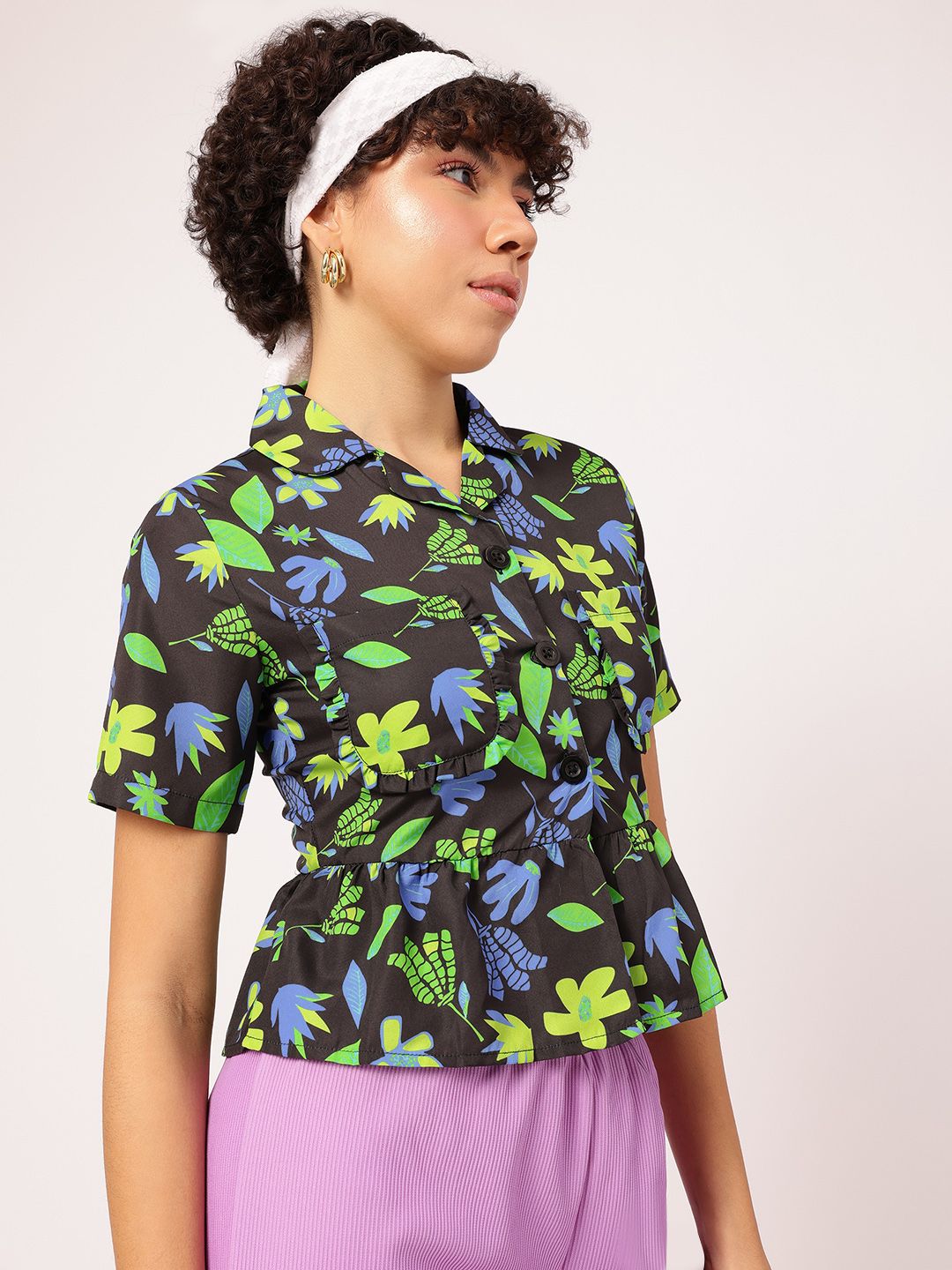 DressBerry Frolic & Fashion Tropical Printed Flounce Hem Shirt-Style Top