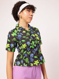 DressBerry Frolic & Fashion Tropical Printed Flounce Hem Shirt-Style Top