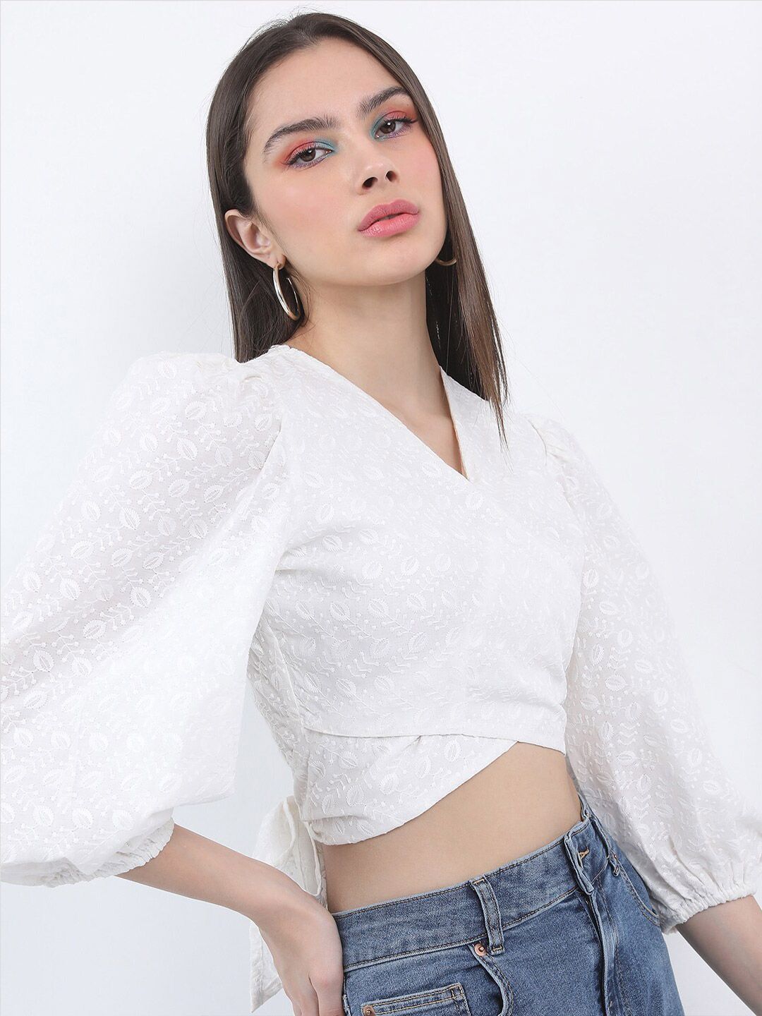 Tokyo Talkies Floral Embroidered V-Neck Puff Sleeve Wrap Crop Top