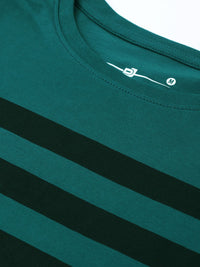 DILLINGER Men Teal Green  Black Striped Round Neck Pure Cotton T-shirt
