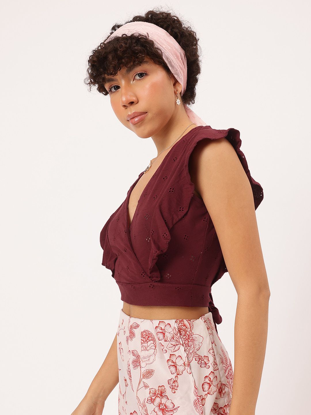DressBerry Schiffli Slay Ruffled Cut-Out Tie-Up Back Wrap Crop Top