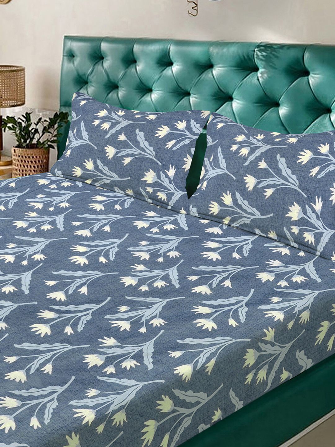 KLOTTHE Blue Floral Printed Dilengkapi 300 TC Blend King Cadar & 2 Sarung Bantal