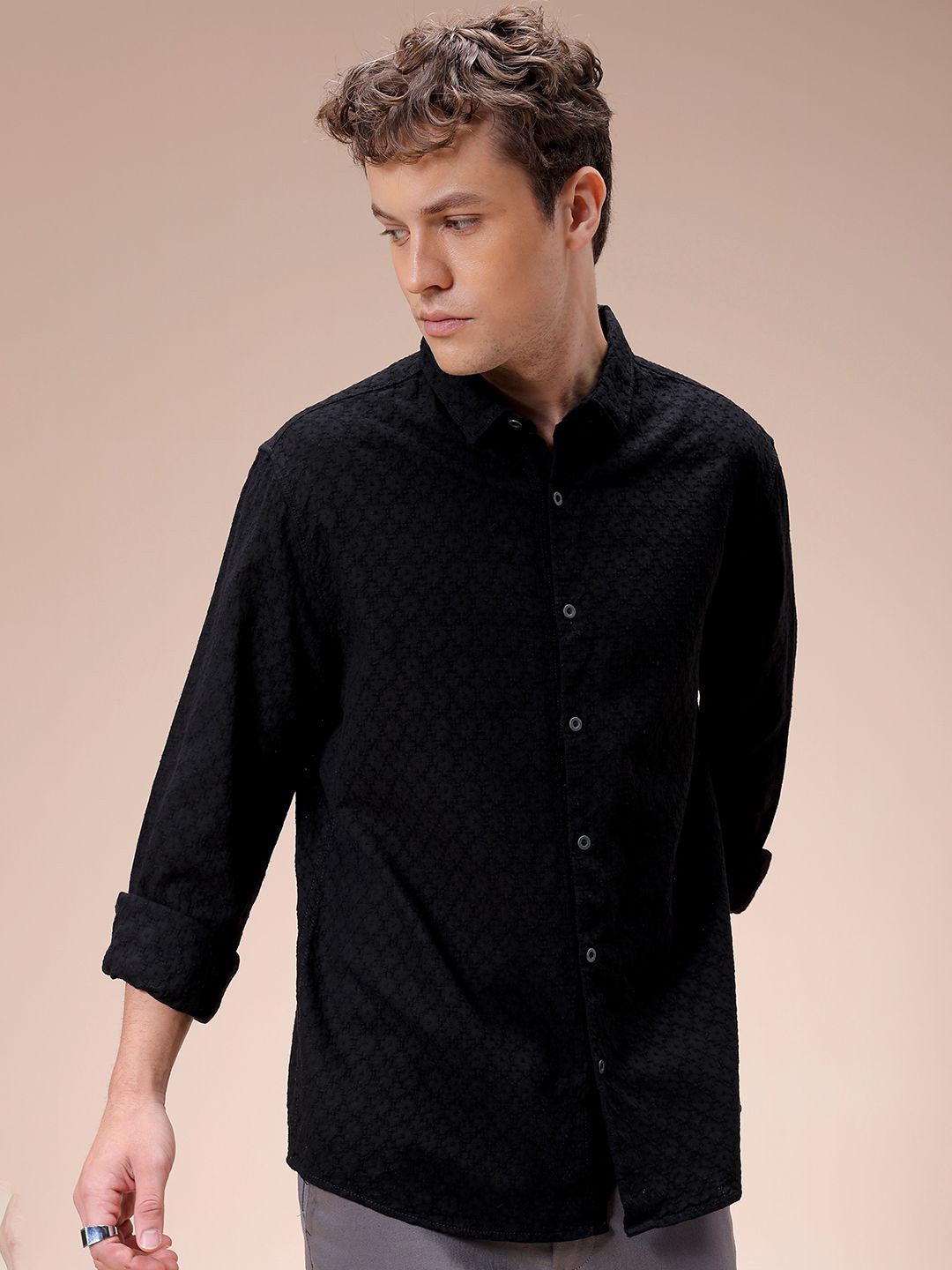 The Indian Garage Co Men Regular Fit Dobby Textured Resortwear Shirt