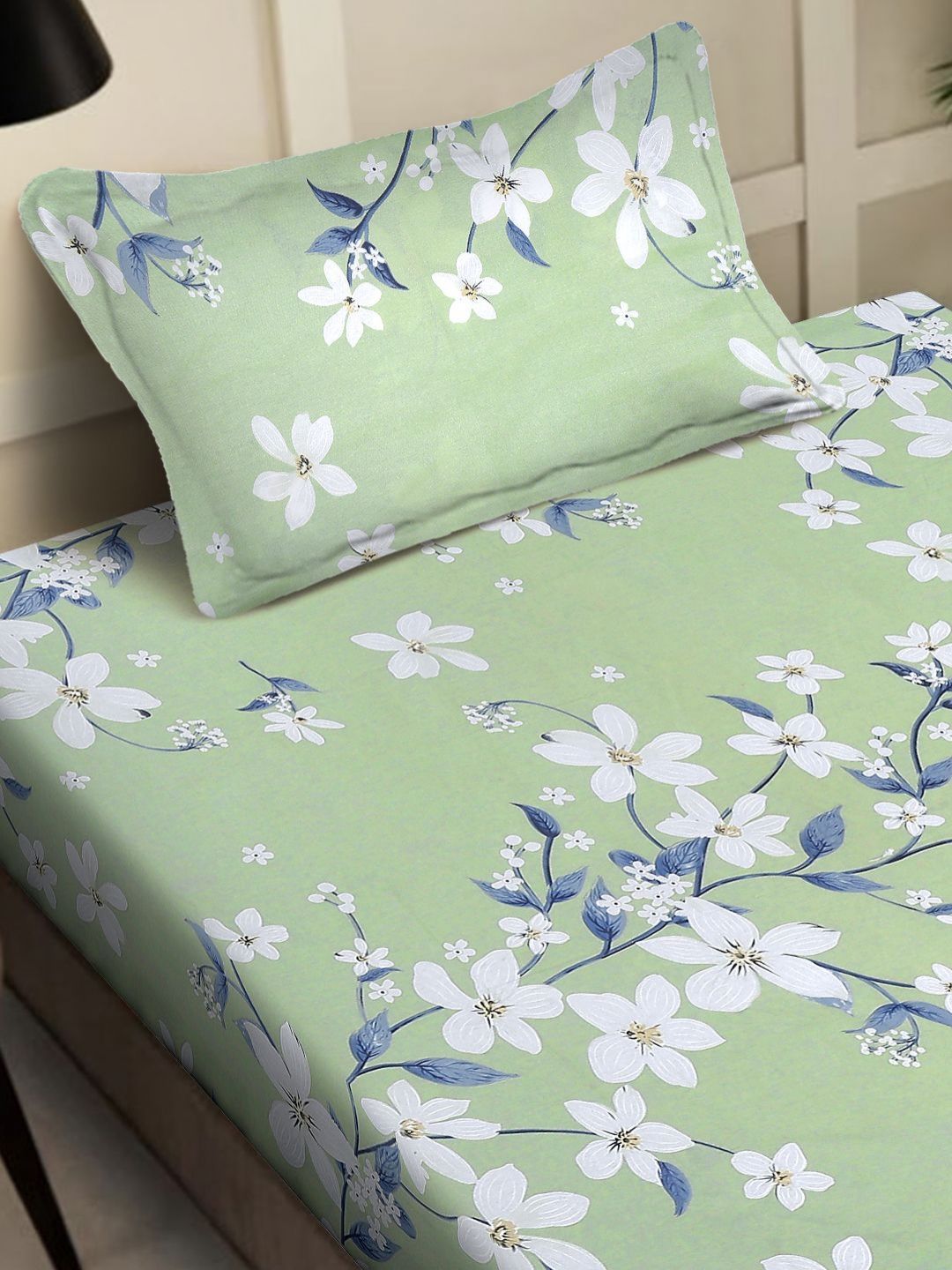 Myntra Elegant Homes Sea Green & White Floral 400 TC Cadar Tempat Tidur Single dengan 1 Sarung Bantal