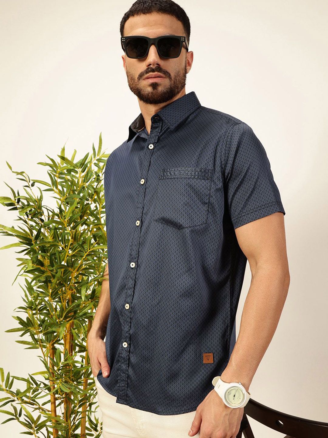 Thomas Scott Men Premium Spread Collar Micro Ditsy Printed Cotton Casual Shirt