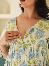 Janasya Women's Off White Pure Cotton Floral Printed A-line Maternity Kurta