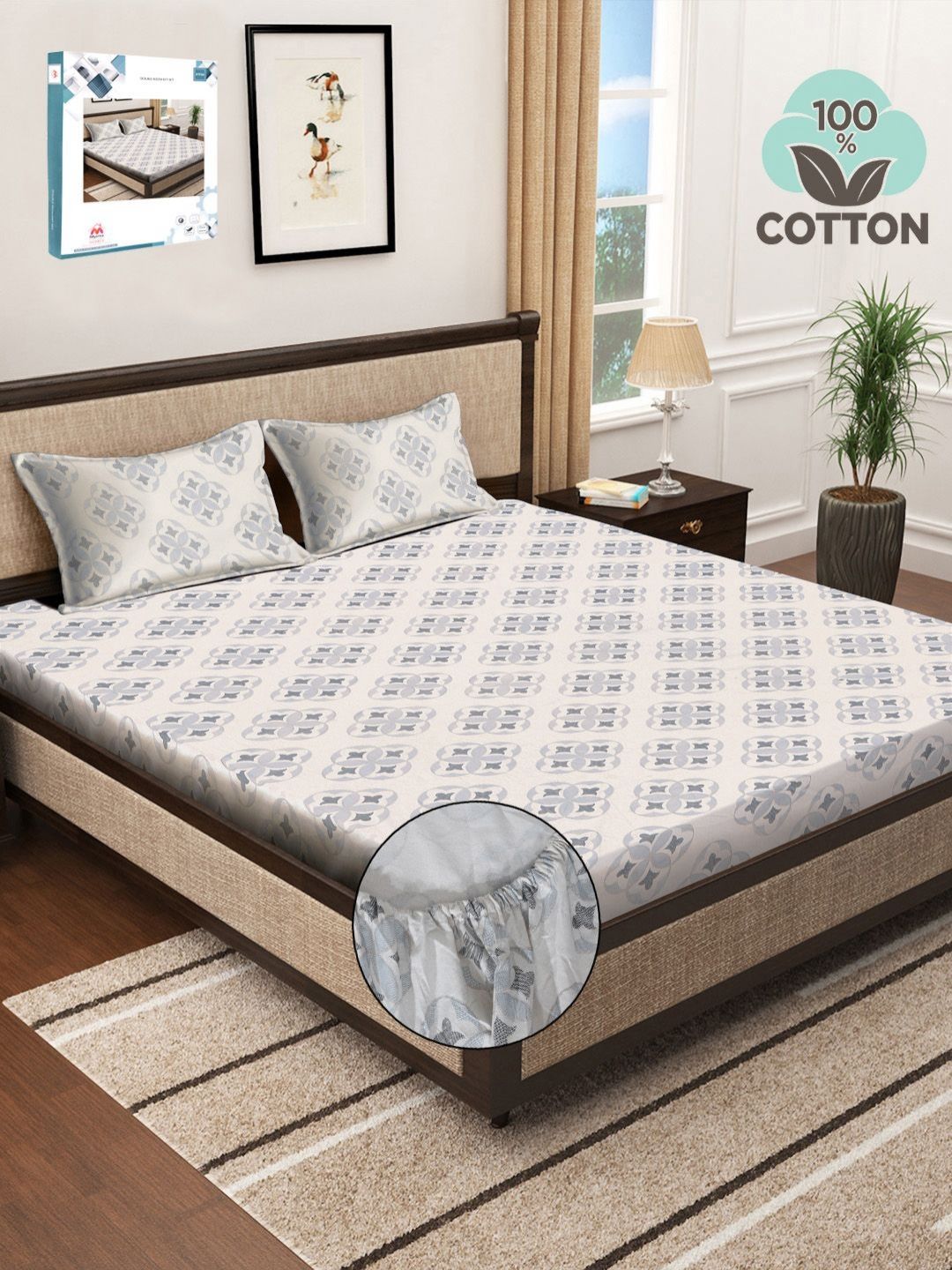 Myntra Elegant Homes Grey & Black Geometric 400 TC King Bedsheet with 2 Pillow Covers