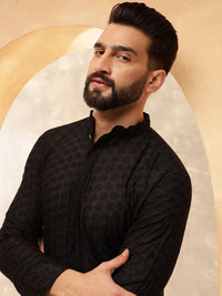 Anouk Black Geometric Embroidered Mandarin Collar Pure Cotton Kurta With Pyjama