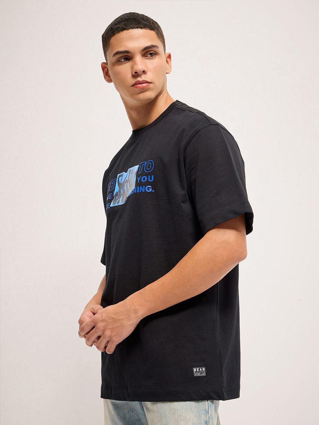 THE BEAR HOUSE Men Typography Printed Round Neck Cotton Oversized T-Shirt