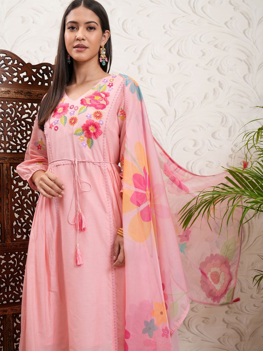 Vishudh Peach Coloured Floral Embroidered V Neck Anarkali Kurta & Trousers With Dupatta