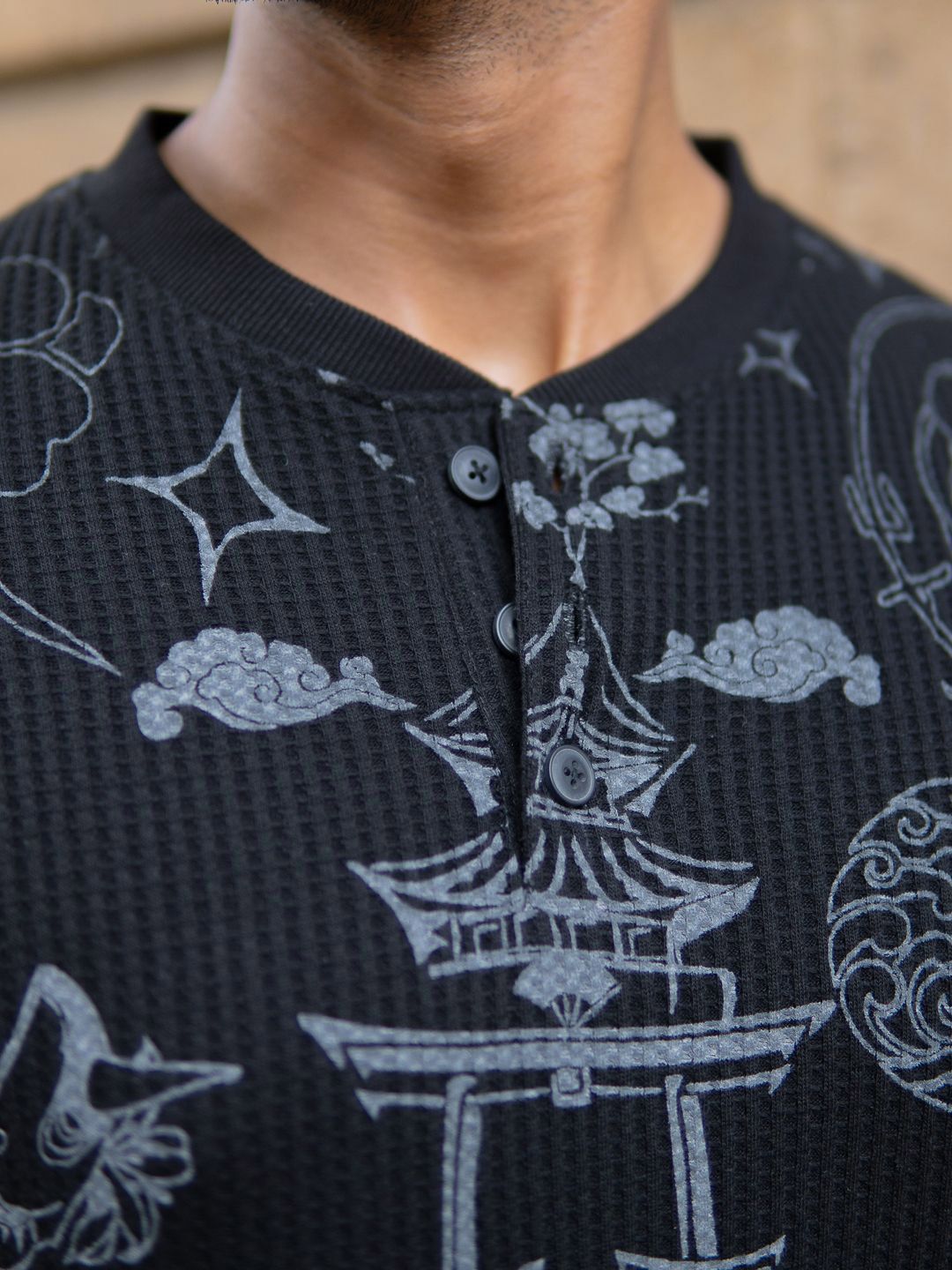 Powerlook Japanese Printed Henley Collar Drop-Shoulder Sleeves T-shirt