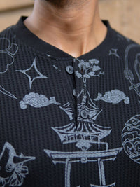 Powerlook Japanese Printed Henley Collar Drop-Shoulder Sleeves T-shirt