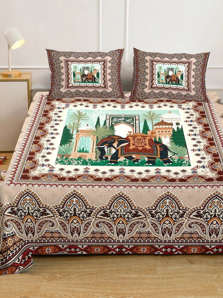 Myntra Elegant Homes Motif Etnik Coklat & Putih 400 TC Cadar Katil King dengan 2 Sarung Bantal