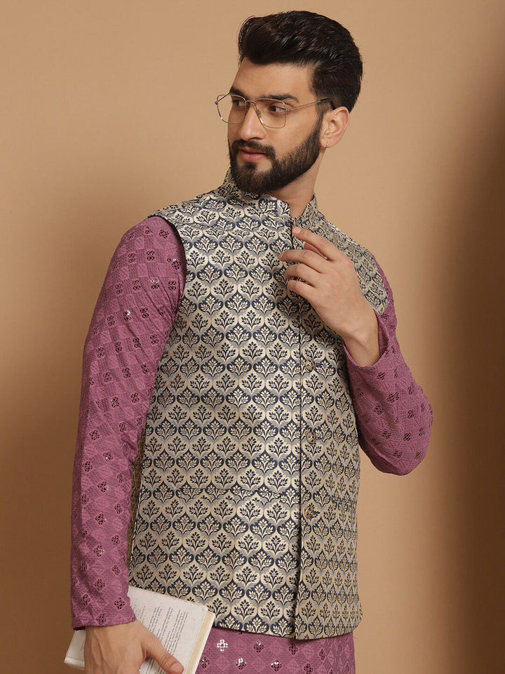 Anouk Geometic Embroidered Kurta With Churidar & Woven Design Nehru Jacket