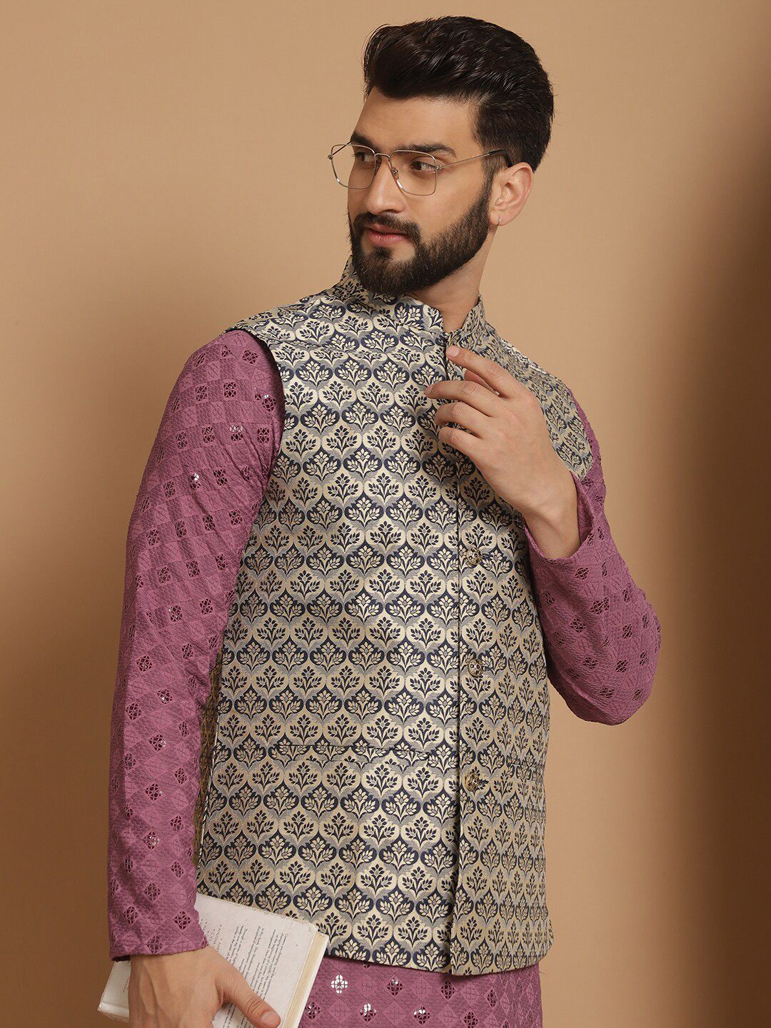 Anouk Geometic Embroidered Kurta With Churidar & Woven Design Nehru Jacket