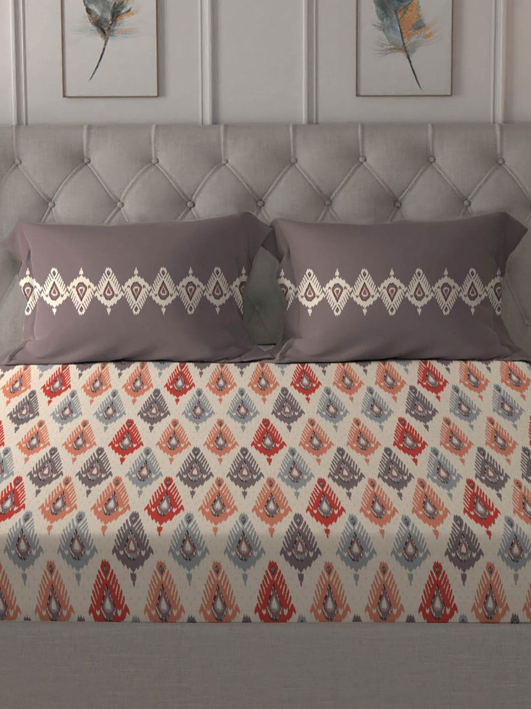 MYTRIDENT Dusk & Dawn Red Ethnic Cotton 144 TC Double Queen Bedsheet Set-2.28mX2.54m