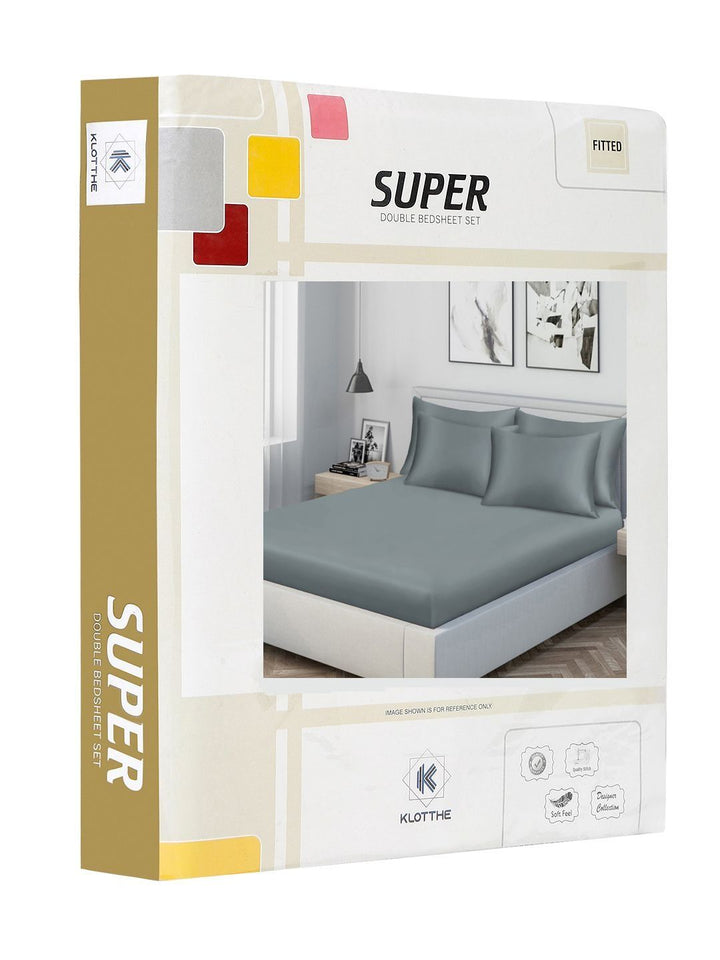 KLOTTHE Grey Blue Solid Fitted 300 TC Double King Fine Bedsheet With 4 Pillow Covers