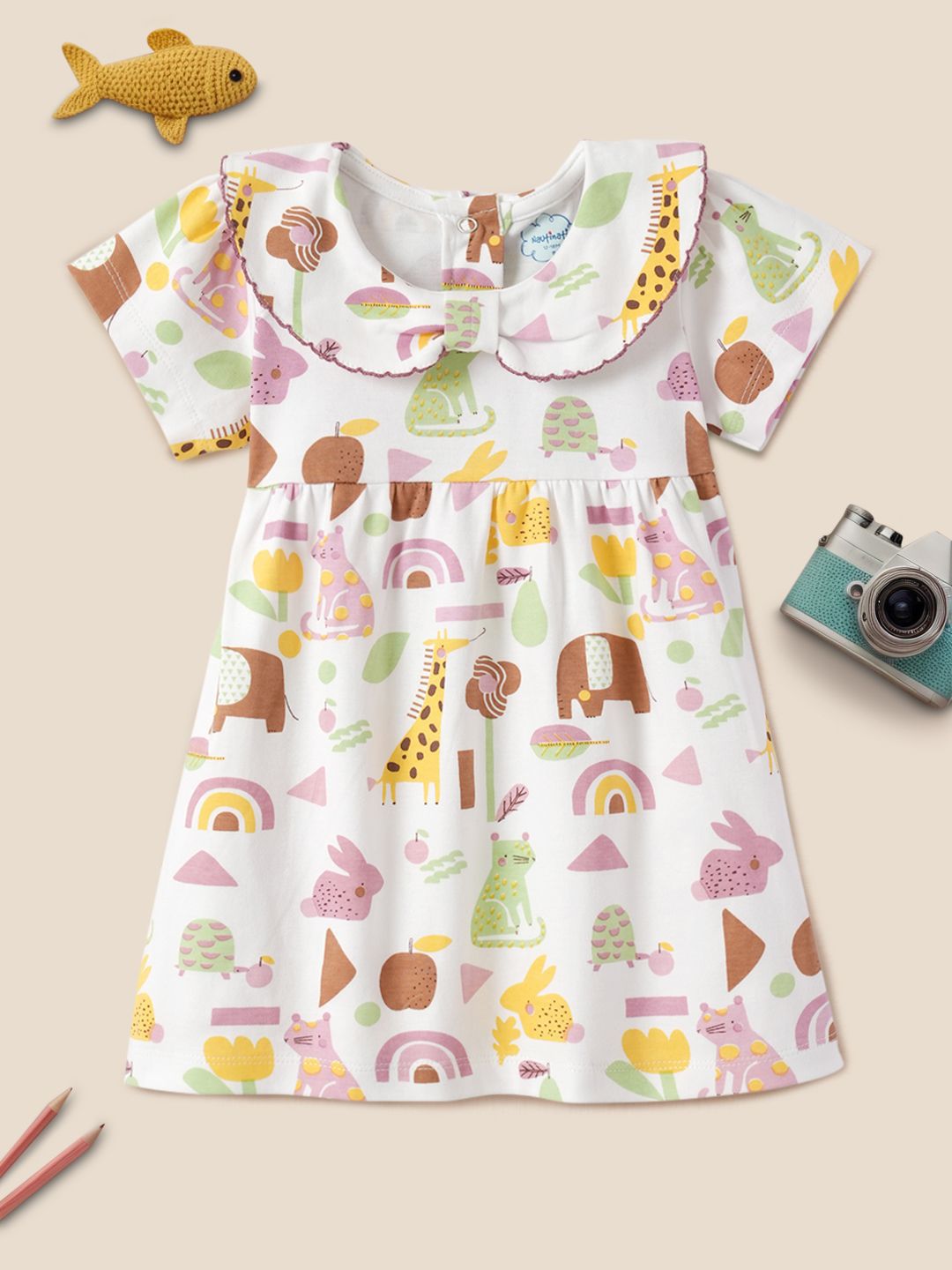 Nauti Nati Girls Graphic Printed Peter Pan Collar Cotton A-Line Dress