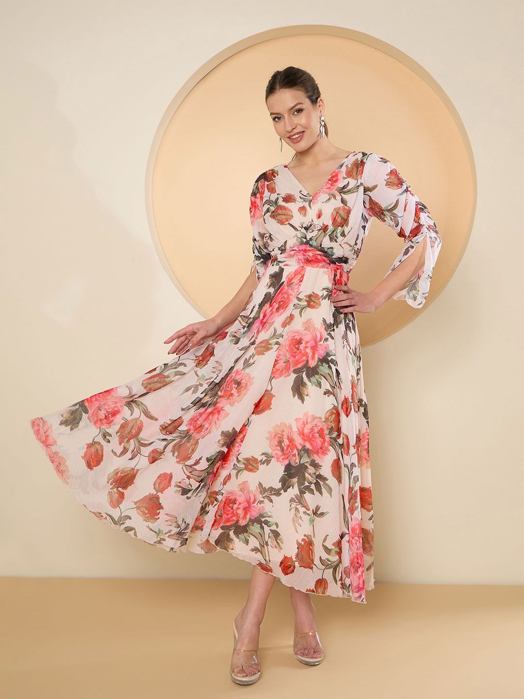 Antheaa Floral Print Chiffon Fit & Flare Midi Dress