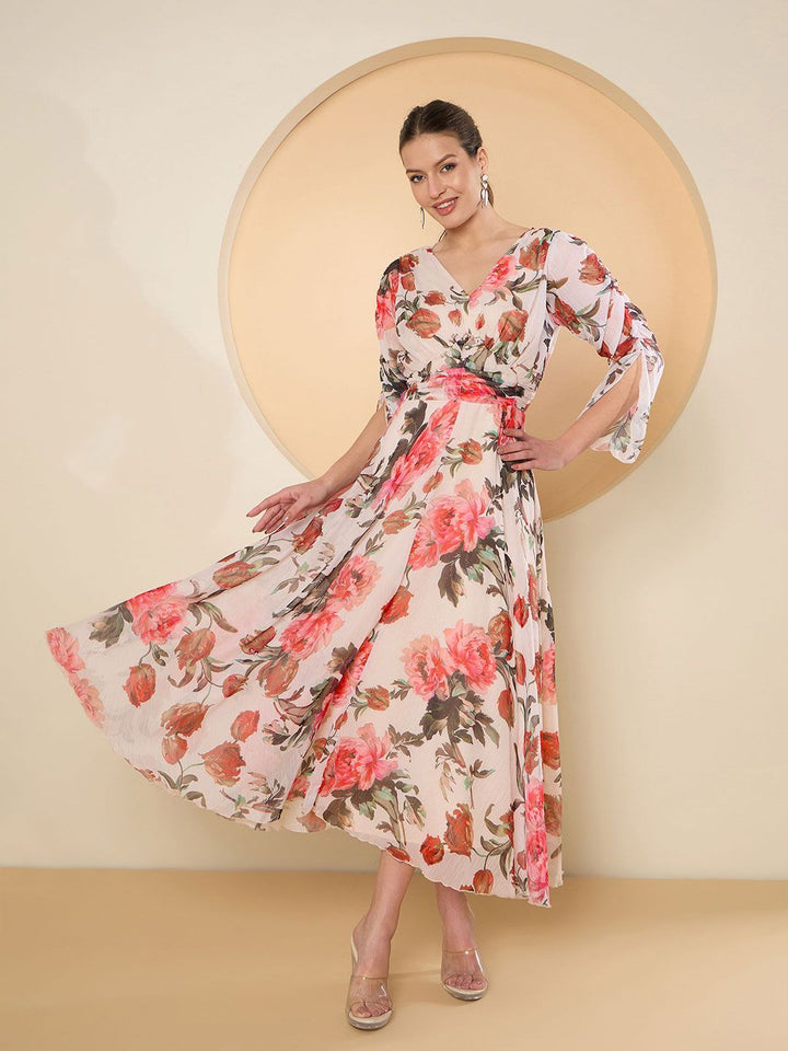 Antheaa Floral Print Chiffon Fit & Flare Midi Dress
