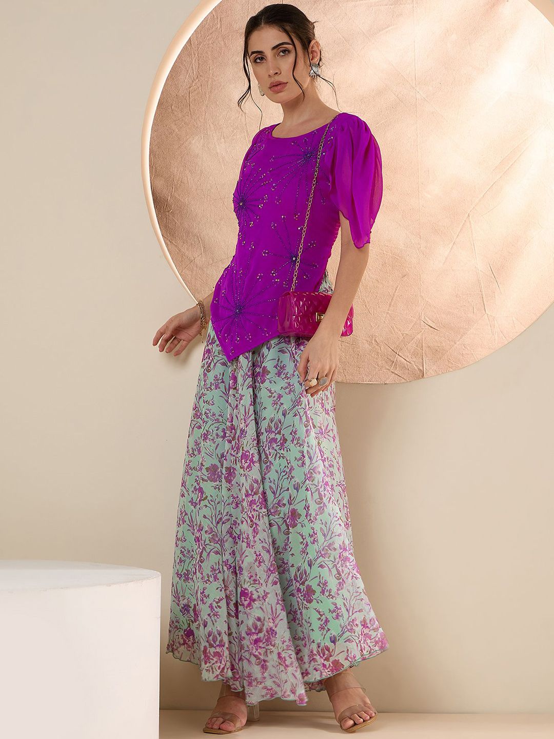 Antheaa Embellished Round Neck Top & Palazzo