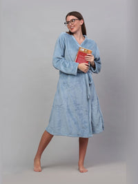 KLOTTHE Blue Woollen Long Sleeves Bath Robe With Belt
