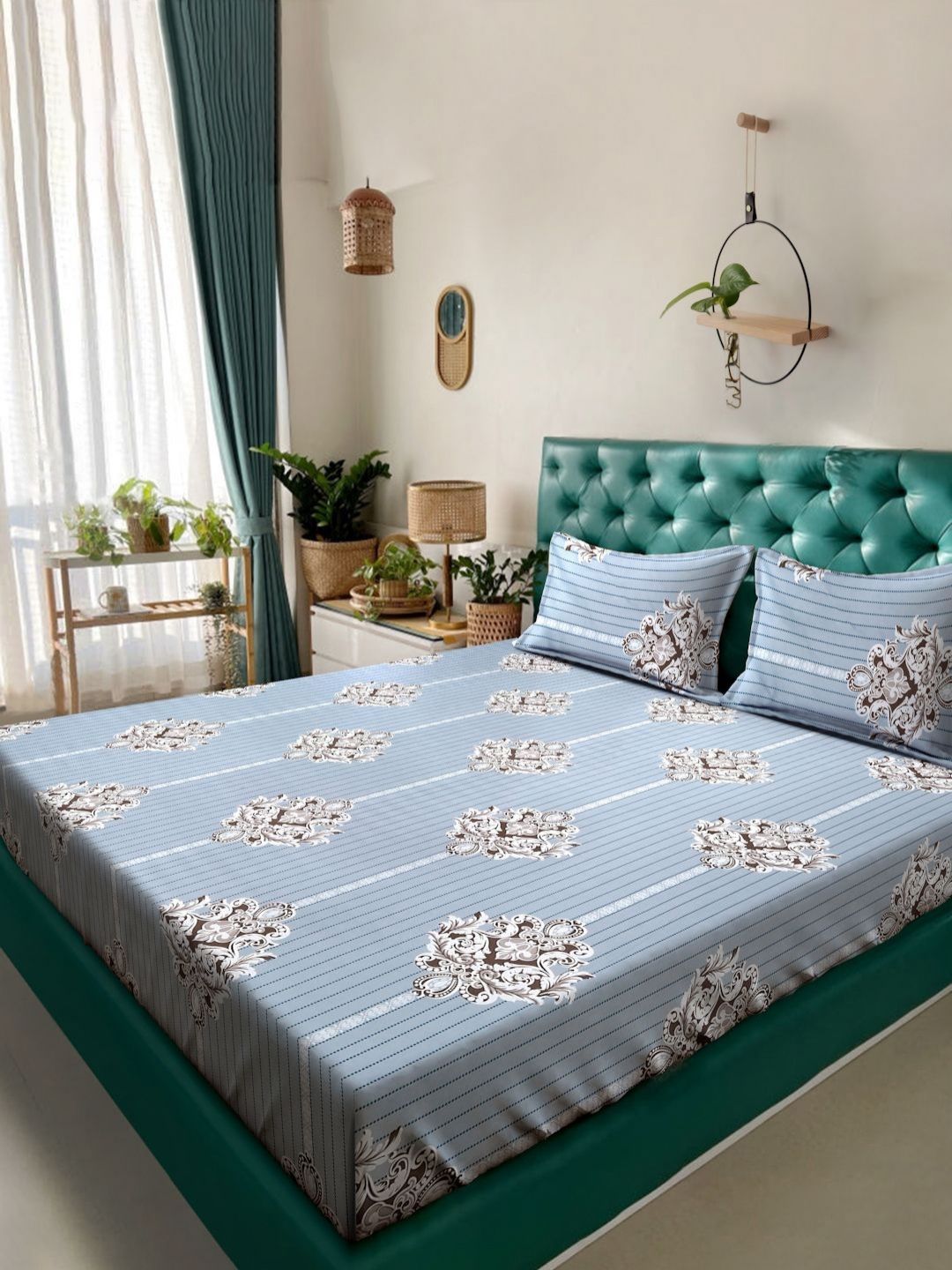 KLOTTHE Grey Ethnic Motifs Cotton 300 TC King Fine Bedsheet with 2 Pillow Covers-98 x 89 inches