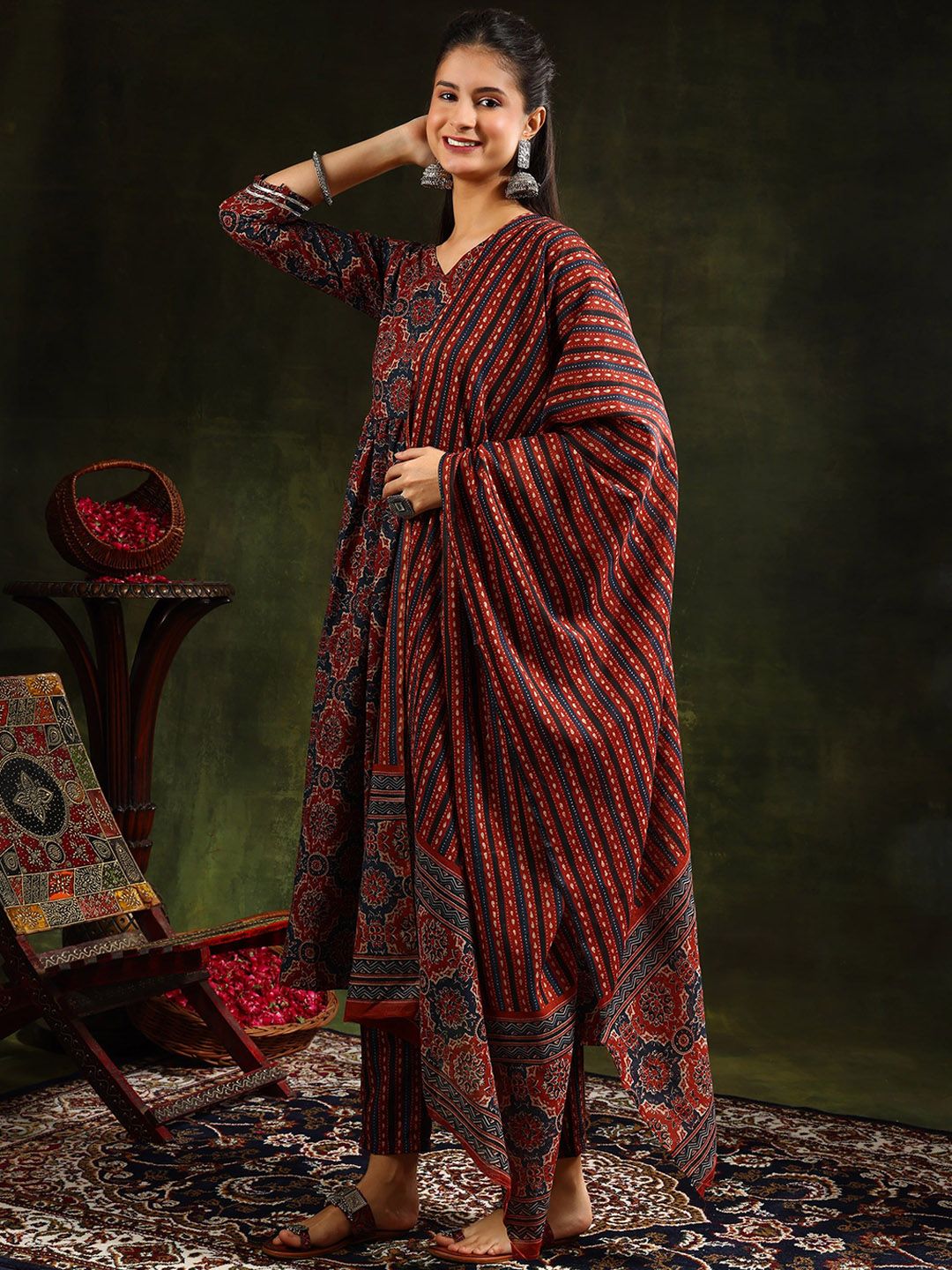 KALINI Ethnic Motifs Printed Anarkali Kurta With Trousers & Dupatta