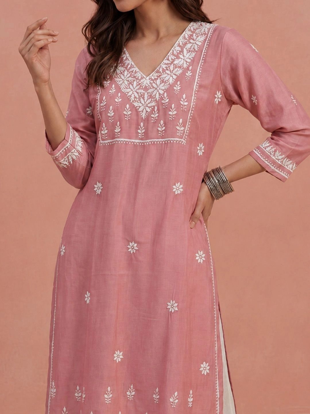 House of Chikankari Women Embroidered Chikankari Chanderi Silk Kurta