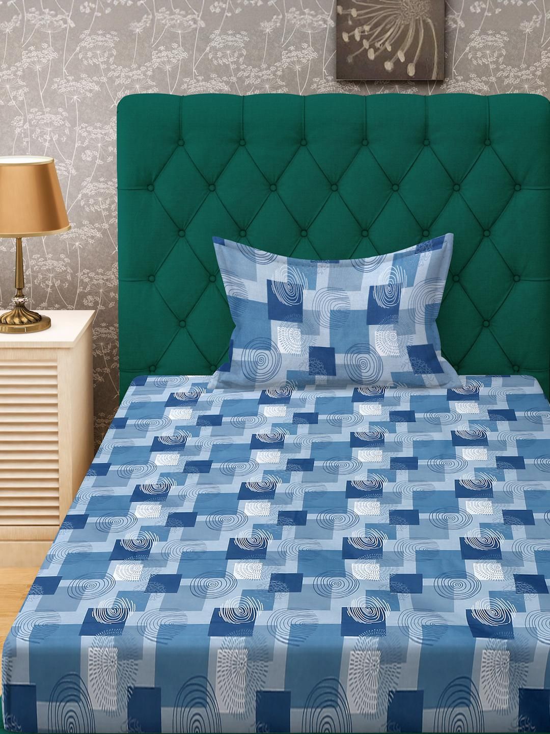KLOTTHE Blue Geometric Cotton Single Bedsheets