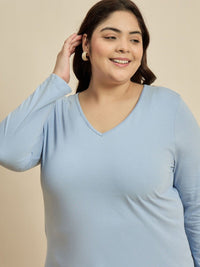 CURVY STREET Solid V-Neck Pure Cotton Plus Size T-shirt