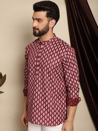 Kurta Pendek Kolar Jalur Bercetak Motif Etnik Maroon Anouk